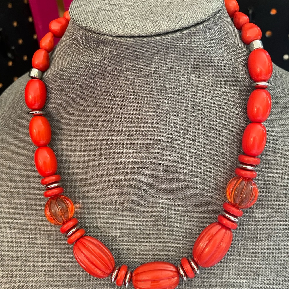 Paparazzi necklace and earrings set. Red beads with matching fish hook earrings.